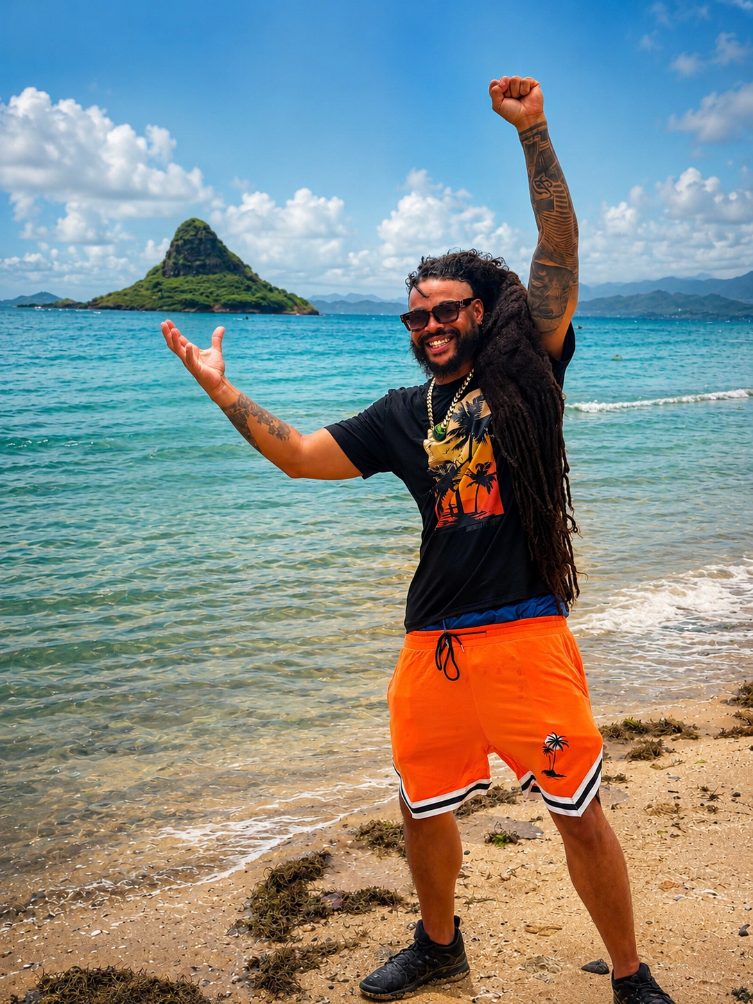 PRECYSE standing beside the ocean with his arms raised